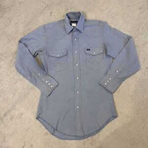 Wrangler Size 14.5 X 33 Light Wash Denim Chambray Pearl‎ Snap Western Shirt Vtg